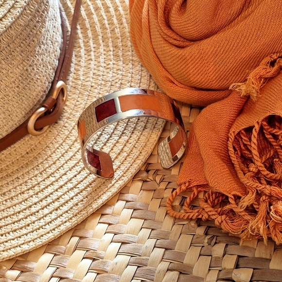 Plique-a-jour Silver Cuff Bracelet with Red and Orange Accents - Picture 1 of 9